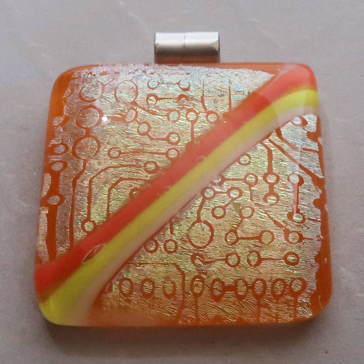 Unusual Gold Orange Diagonal Fused Dichroic Glass Pendant for wholesale by McCray Studios