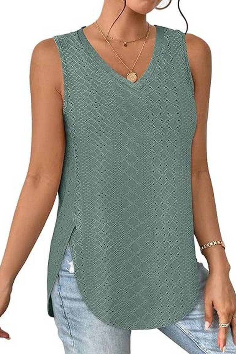 Lily Clothing - Wholesale Tunic - Women's - V NECK SLEEVELESS SLIT SOLID COLOR CASUAL SHIRT_CWTSTSL006917