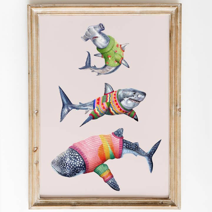 Sharks in Jumpers Art | Great White, Hammerhead, Whale Shark for wholesale by Beth Goodwin Designs