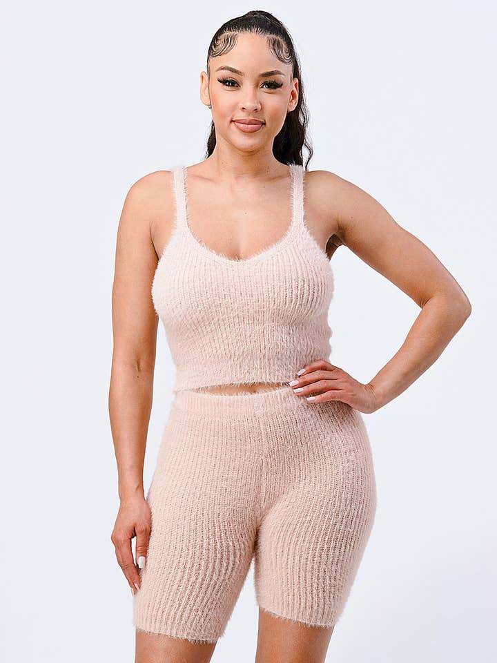 FUZZY KNIT CAMI AND BIKER SHORTS SET for wholesale by PRIVY
