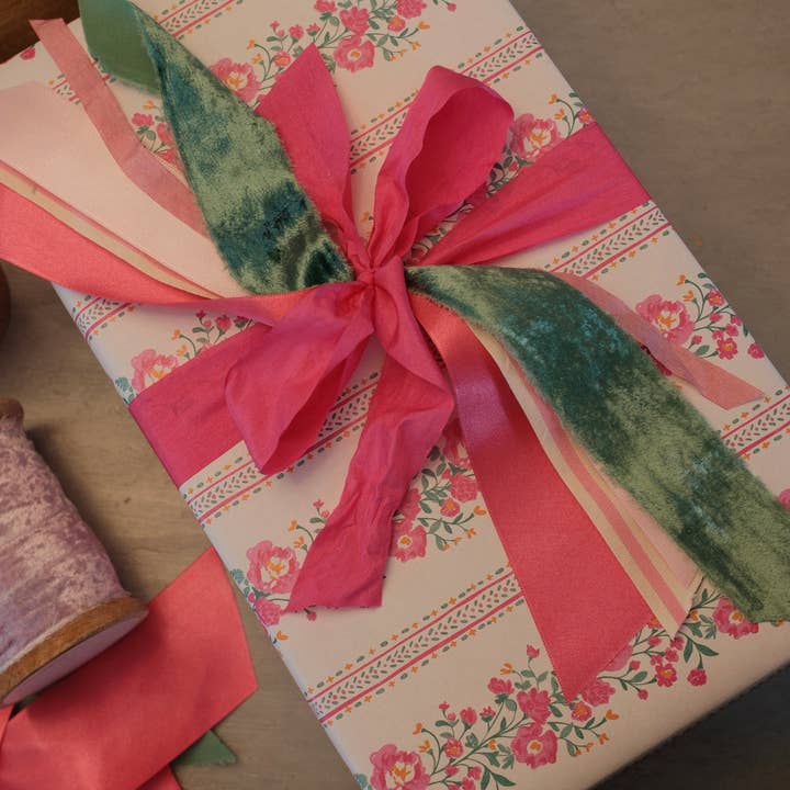 Bright Pink Vertical Stripe Floral Wrapping Paper Roll for wholesale by Vivie and Ash