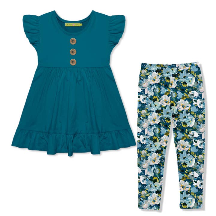 Girls Teal Babydoll Top & Painted Floral Leggings for wholesale by Millie Loves Lily