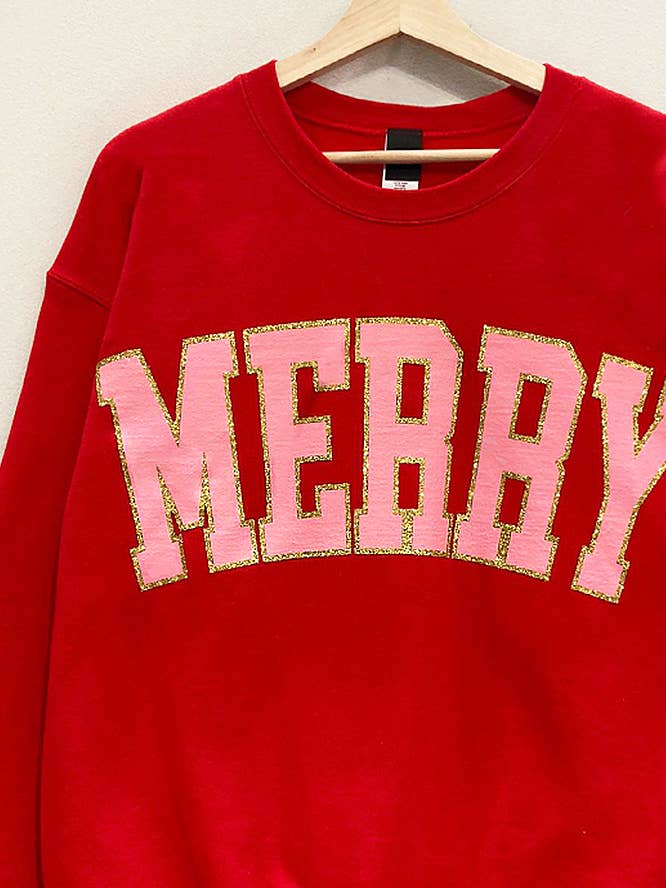 Red Merry Glitter Holiday Sweatshirt for wholesale on Faire