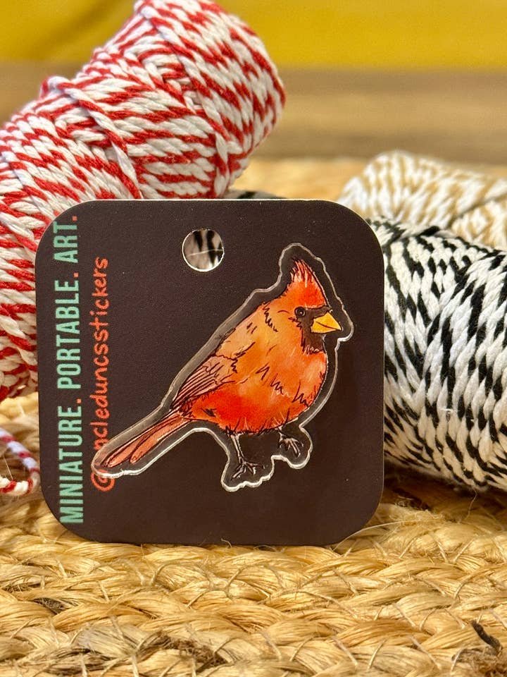 Rode vogel acryl speld voor wholesale door Uncle Dunc's Sticker Shoppe