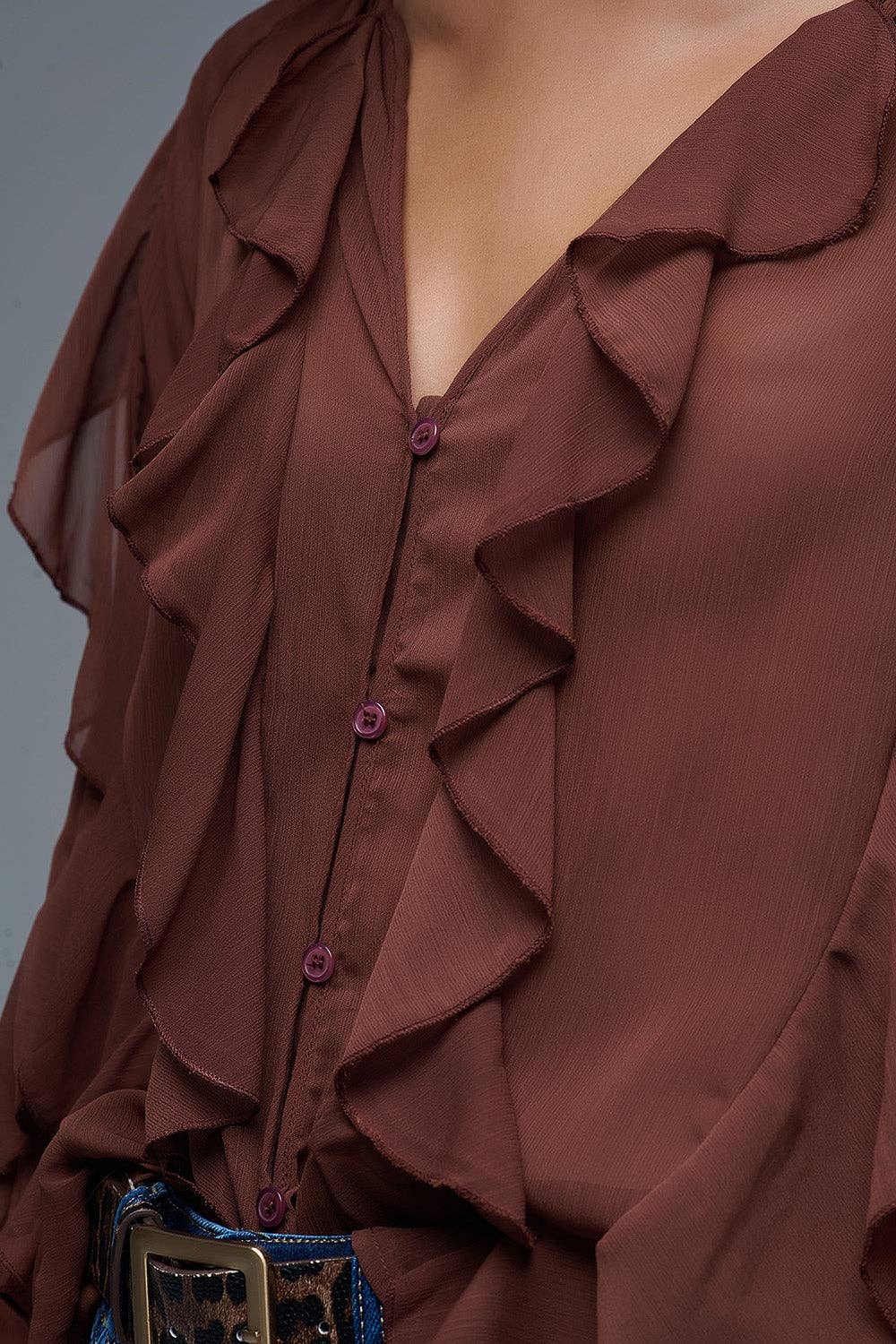 Brown V-Neck All Over Ruffle Blouse for wholesale on Faire5