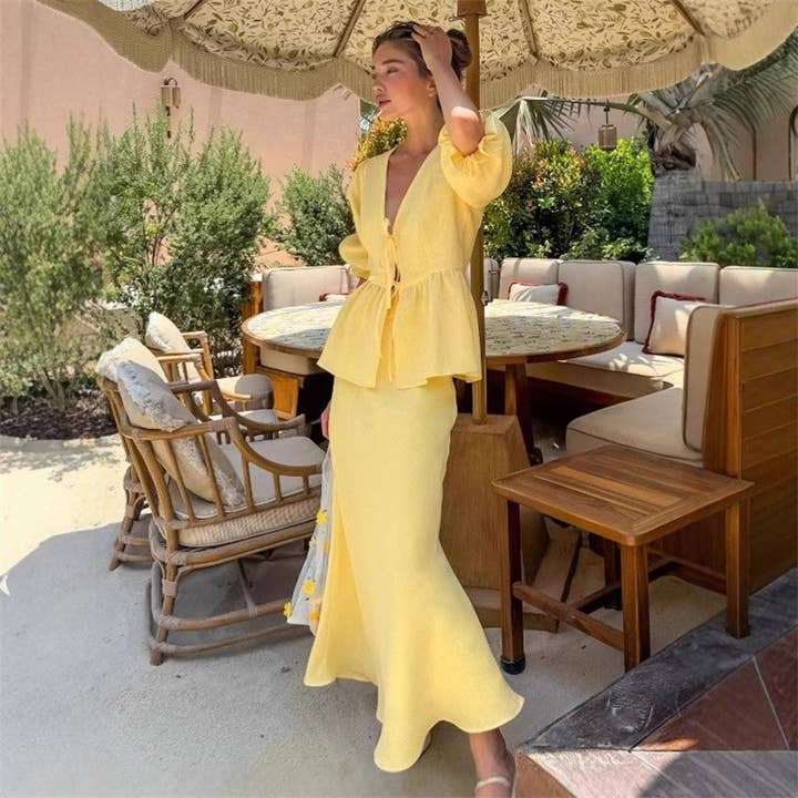 Yellow Solid Color Bubble Sleeve Top Skirt Set for wholesale on Faire1