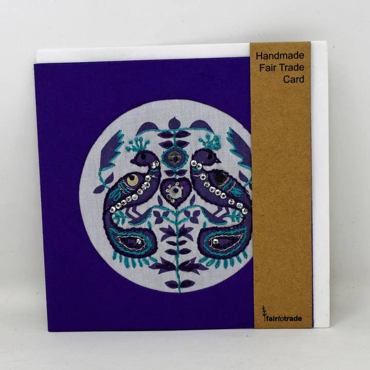 Fair to Trade Ltd – wholesale Everyday greeting card – Hand Embroidered Greeting Card Fair Trade Purple Peacock3