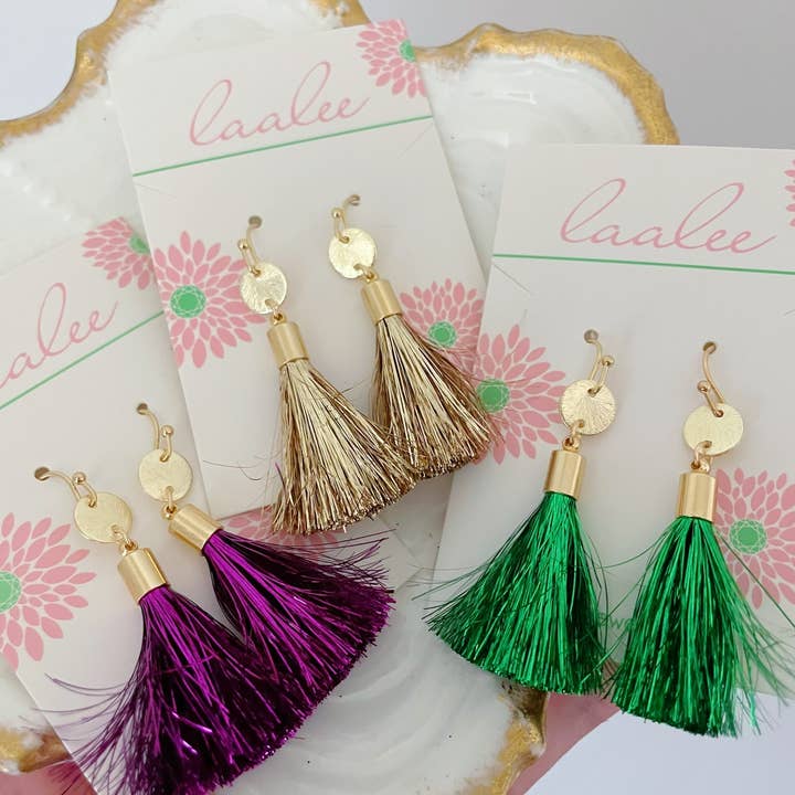 Laalee Jewelry - Wholesale Tassel Earrings - Mardi Gras Earrings, Fringe Tassel, Mardi Gras Jewelry