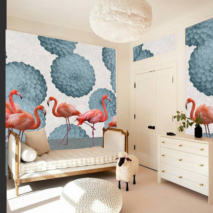 Daria Petrilli - Wholesale Wallpaper - LIGHT BLUE DAHLIA AND FLAMINGOS ON WHITE - WALLPAPER