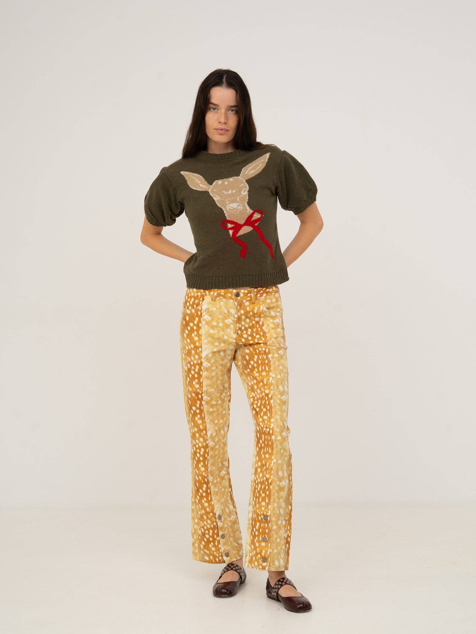 CARMEN SAYS - Wholesale Knit Sweater - Women's - Deer Print Knit Puff Sleeve Sweater5