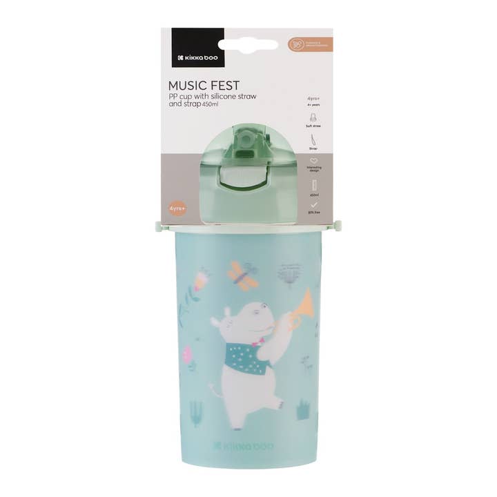 Kikkaboo – Großhandel Trinkglas/Tasse – Kind & Baby – PP-Tasse mit Silikonhalm und Riemen 450 ml Music Fest Mint