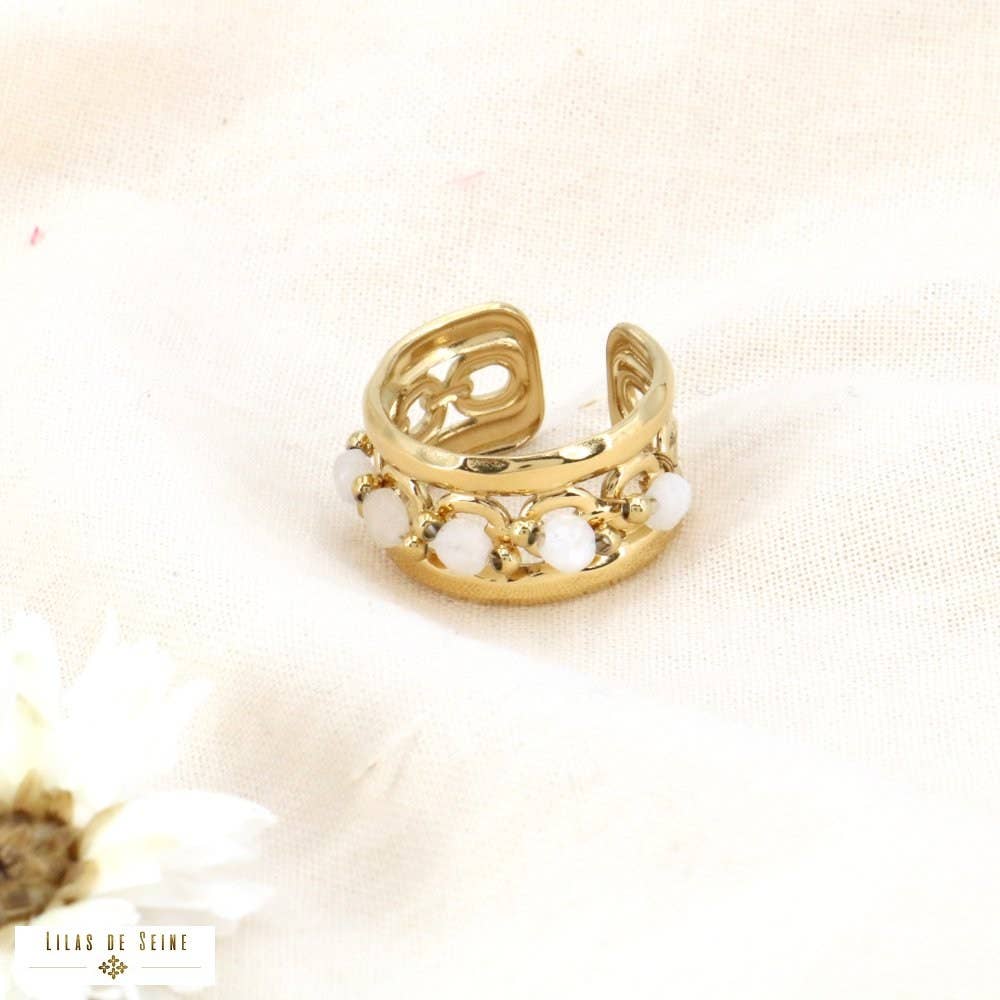 Lilas de Seine - Wholesale Band/Stacked Ring - Wide stainless steel ring with stone beads 04240262