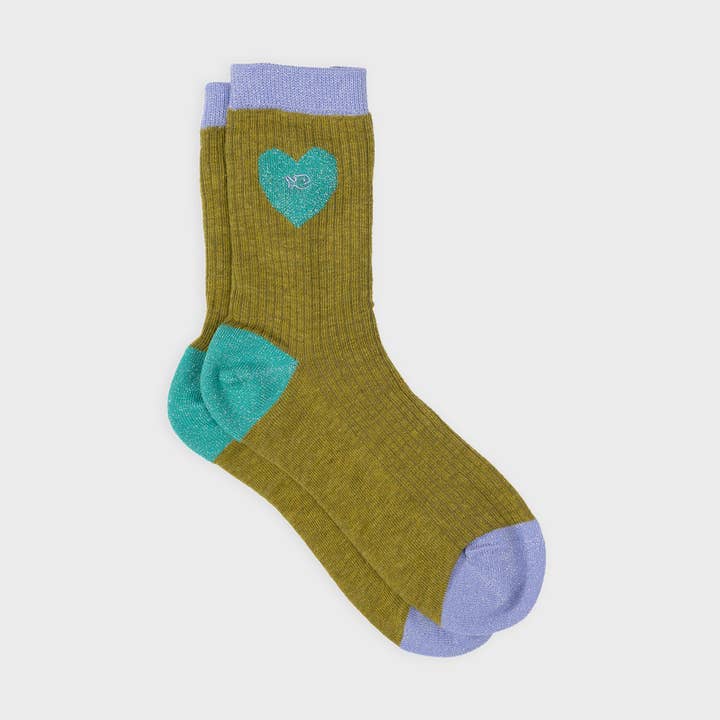 Katoenen sokken met hartdessin in olijfgroen en turquoise voor wholesale door BILLYBELT