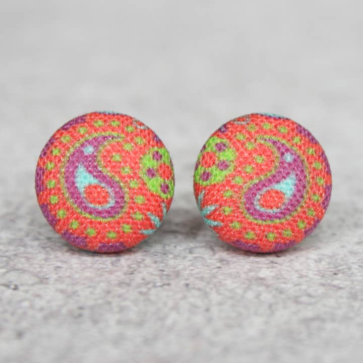 Paisley Fabric Button Earrings for wholesale by Rachel O's