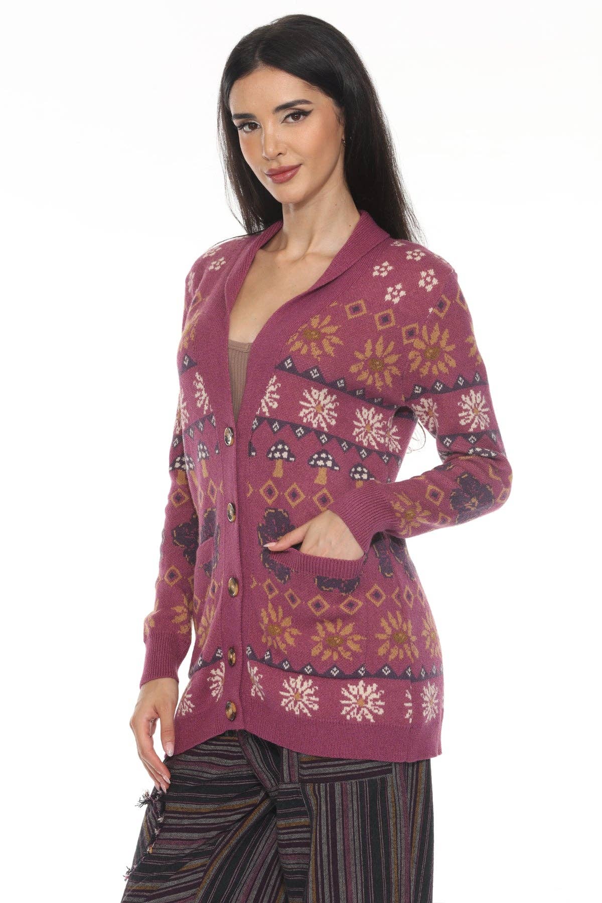 Lakhays Collection Inc. - Wholesale Cardigan - Women's - Fair Isle Mushroom Cardigan2