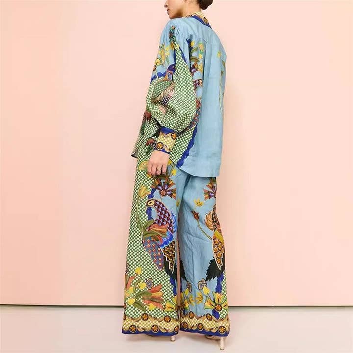 BLUE Fashionable Printed Long Sleeve Top And Long Pants Set for wholesale on Faire2