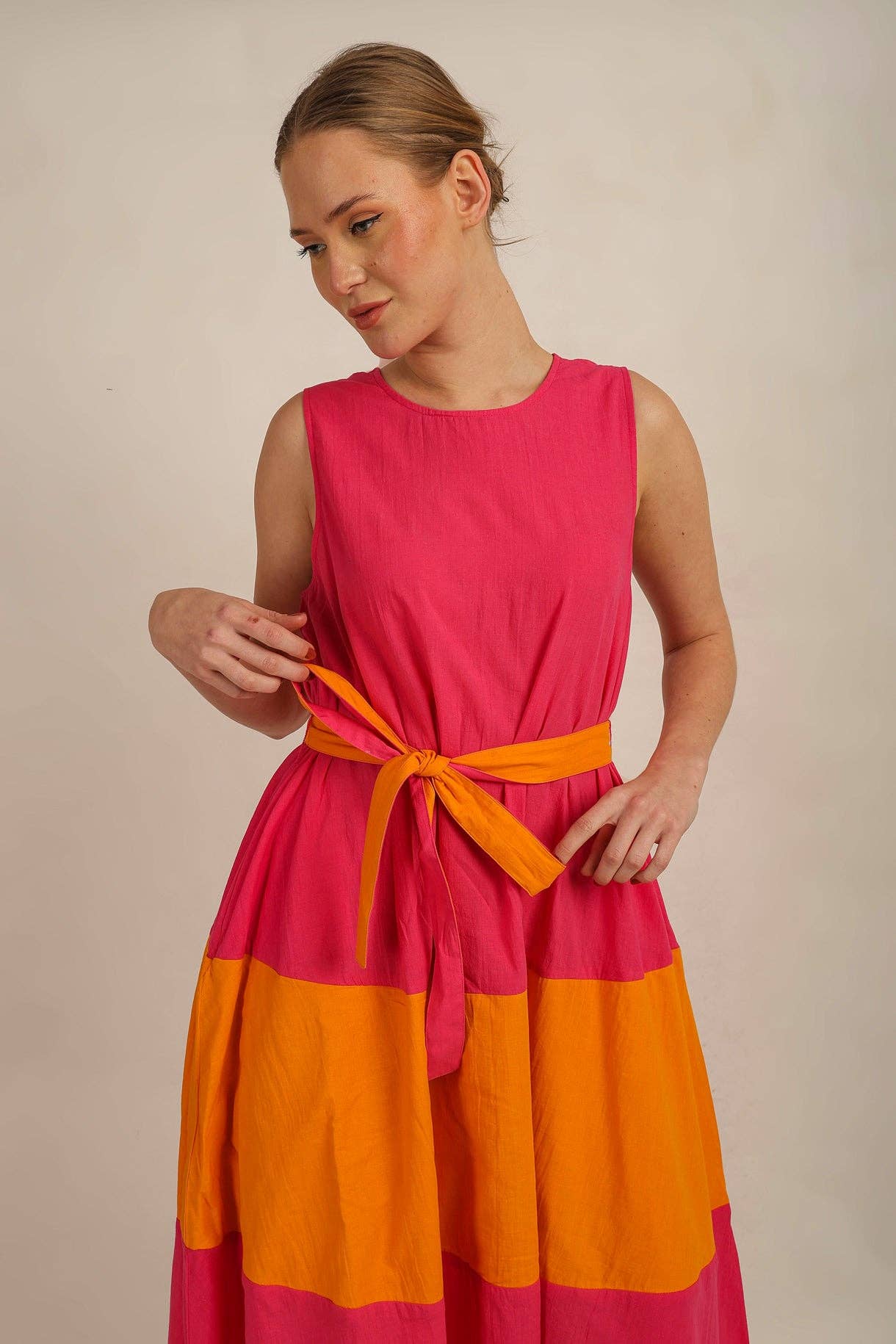 Anannasa Lifestyle - Wholesale Dress – Women's - SAMMY FLARE DRESS w SASH- PINK/ORG LINED2