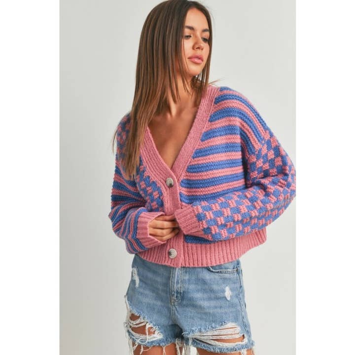 Cardigan à carreaux rayé à boutons pour femmes pour la vente par Upmost