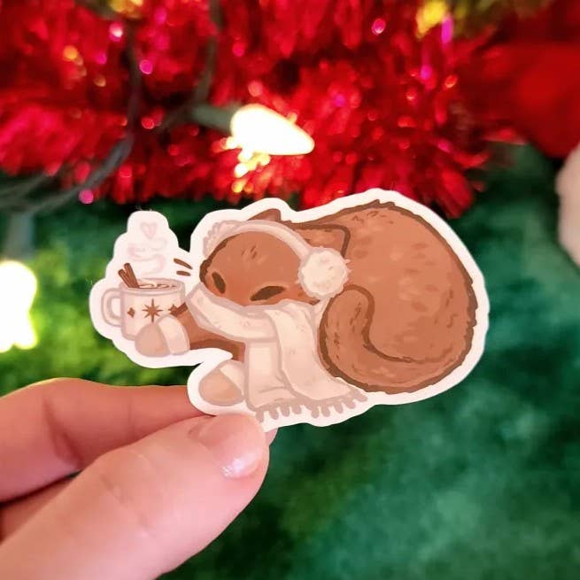 Tiny Cat Vinyl Sticker – Winter - Hot Cocoa for wholesale by Katrina Wold Art