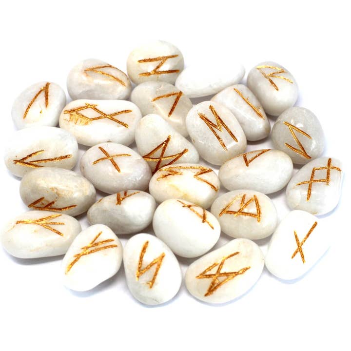 AWGifts Europe - Wholesale Spiritual Stone/Crystal - Rune-47 - Runes Stone Set in Pouch - White Agate
