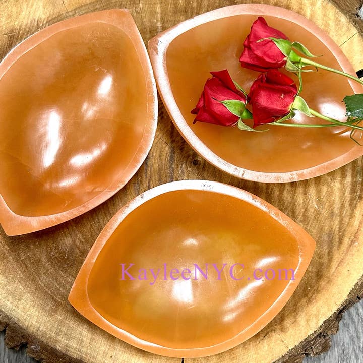Natural Peach Selenite aka Satin Spar Eye Shape Bowls for wholesale by KayleeNYC