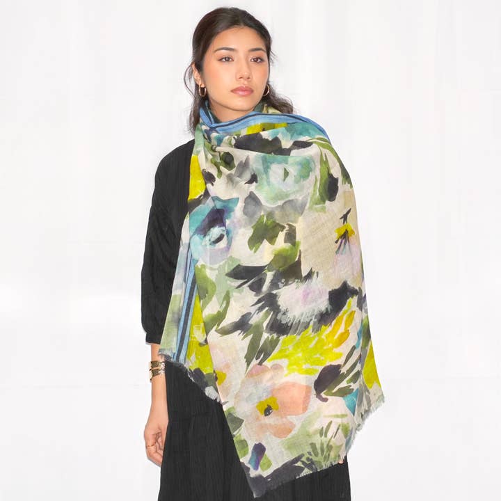 Dolma - Wholesale Scarf - Women's - Wool/Silk Blend Printed Scarf-Blue green1