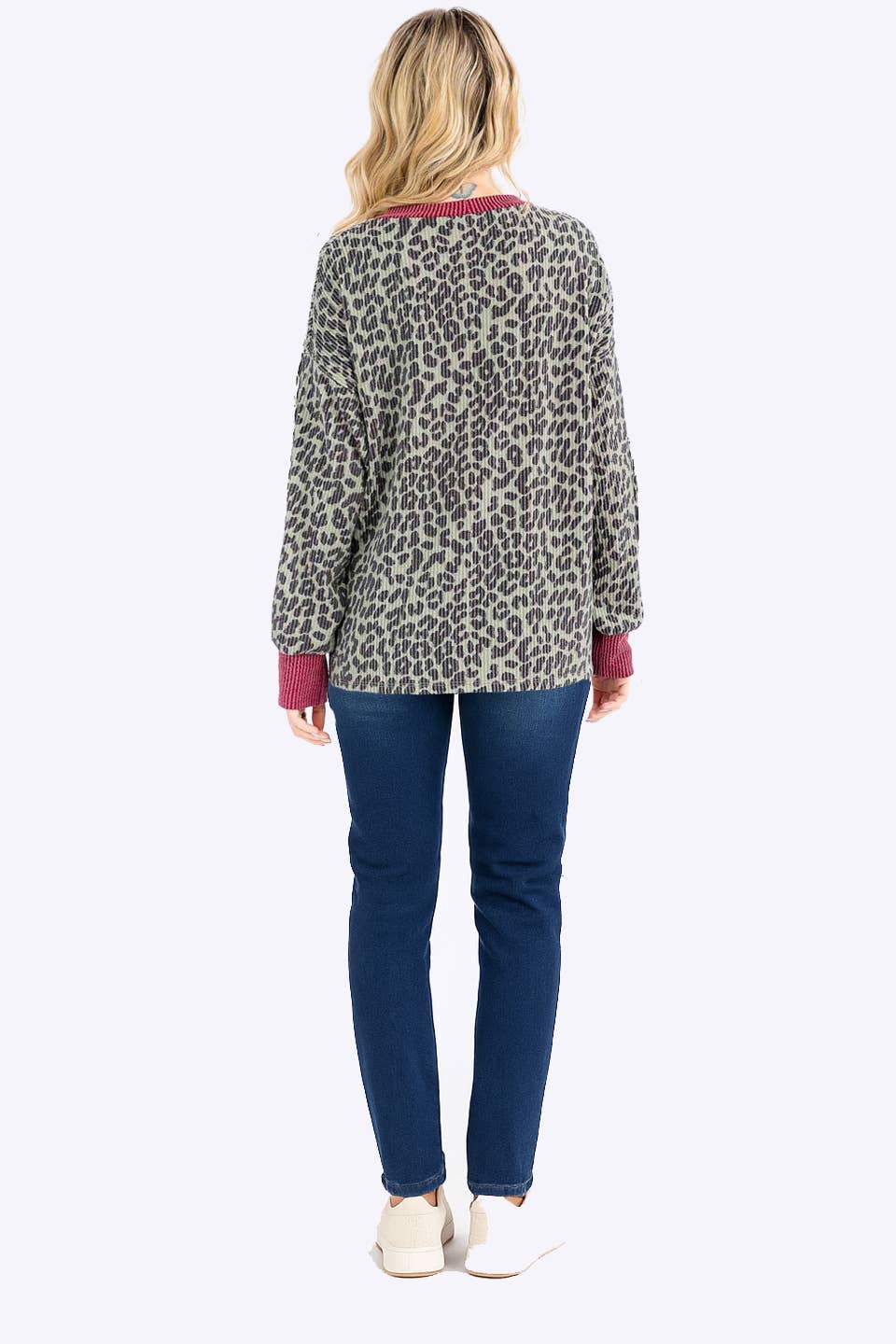 7th Ray - Wholesale Knit Top - Women's - Rib Animal Print Drop Shoulder V Seam Long Sleeve Top T581714