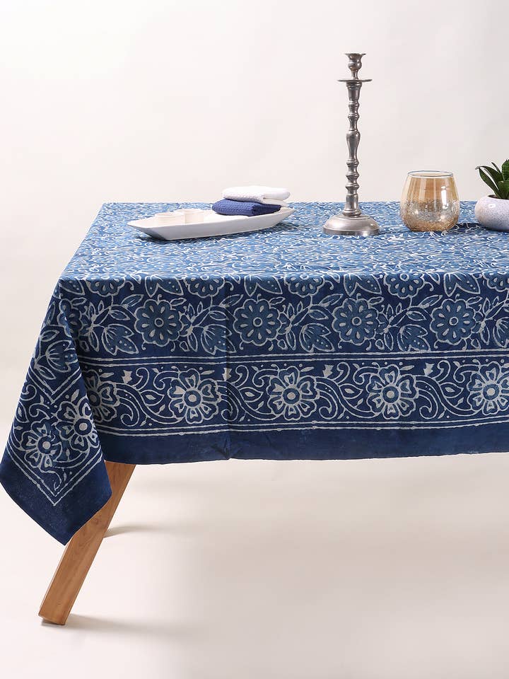 Blue Floral - Indigo Block Print Rectangle Cotton Tablecloth for wholesale by Artsy Home