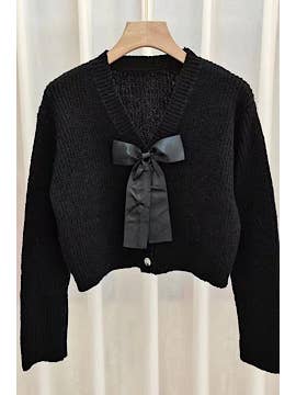 Miss Sparkling - Wholesale Cardigan - Women's - Bow Tie V-Neck Cropped Cardigan