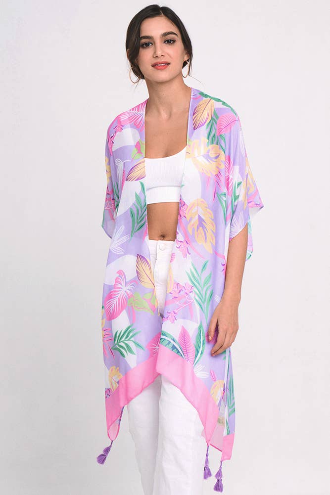 Hana - Wholesale Kimono - Women's - Palm Leaf Print Tassel Summer Kimono Cover Up5