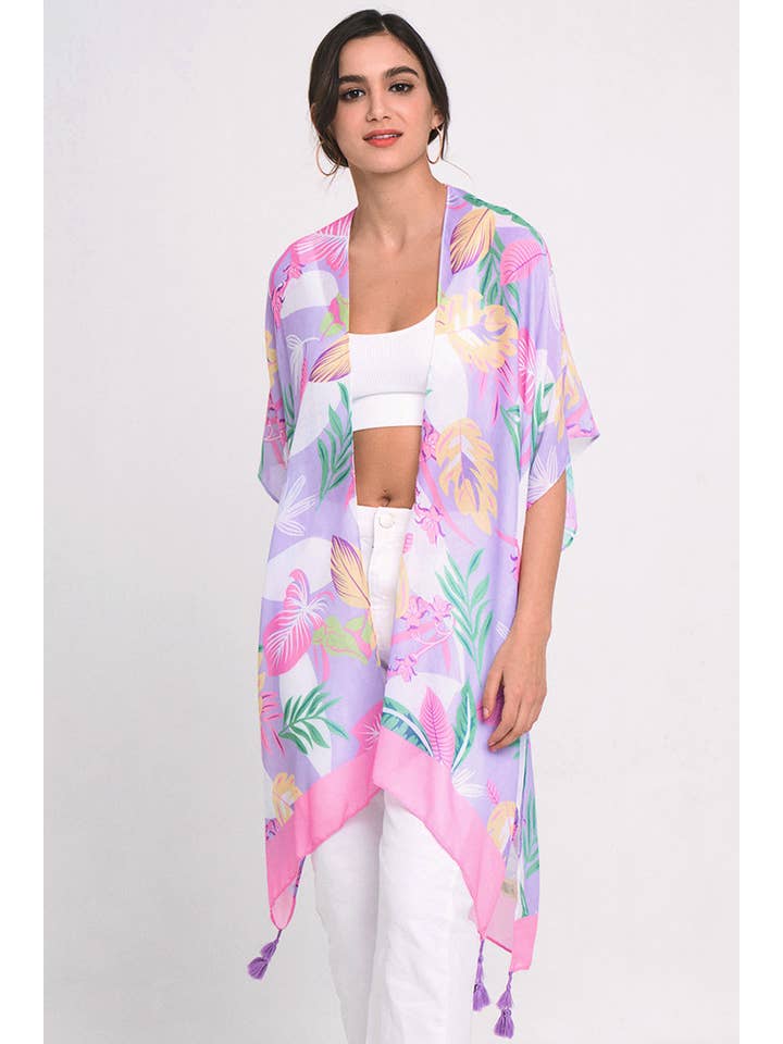 Hana - Wholesale Kimono - Women's - Palm Leaf Print Tassel Summer Kimono Cover Up5
