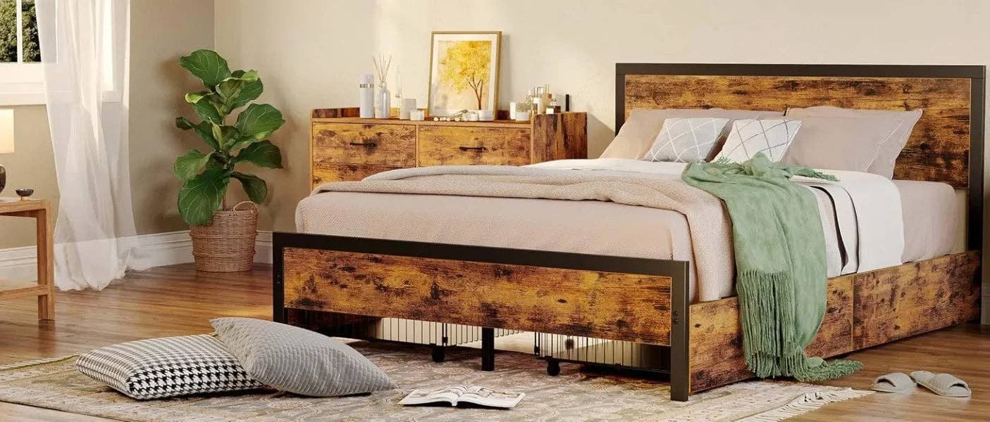 American Smart - Wholesale Bed - Bed Frame with Storage Headboard & 2 Drawers,Upholstered Platform Bed with Charging Station & LED Light,Heavy Duty Frame Support15