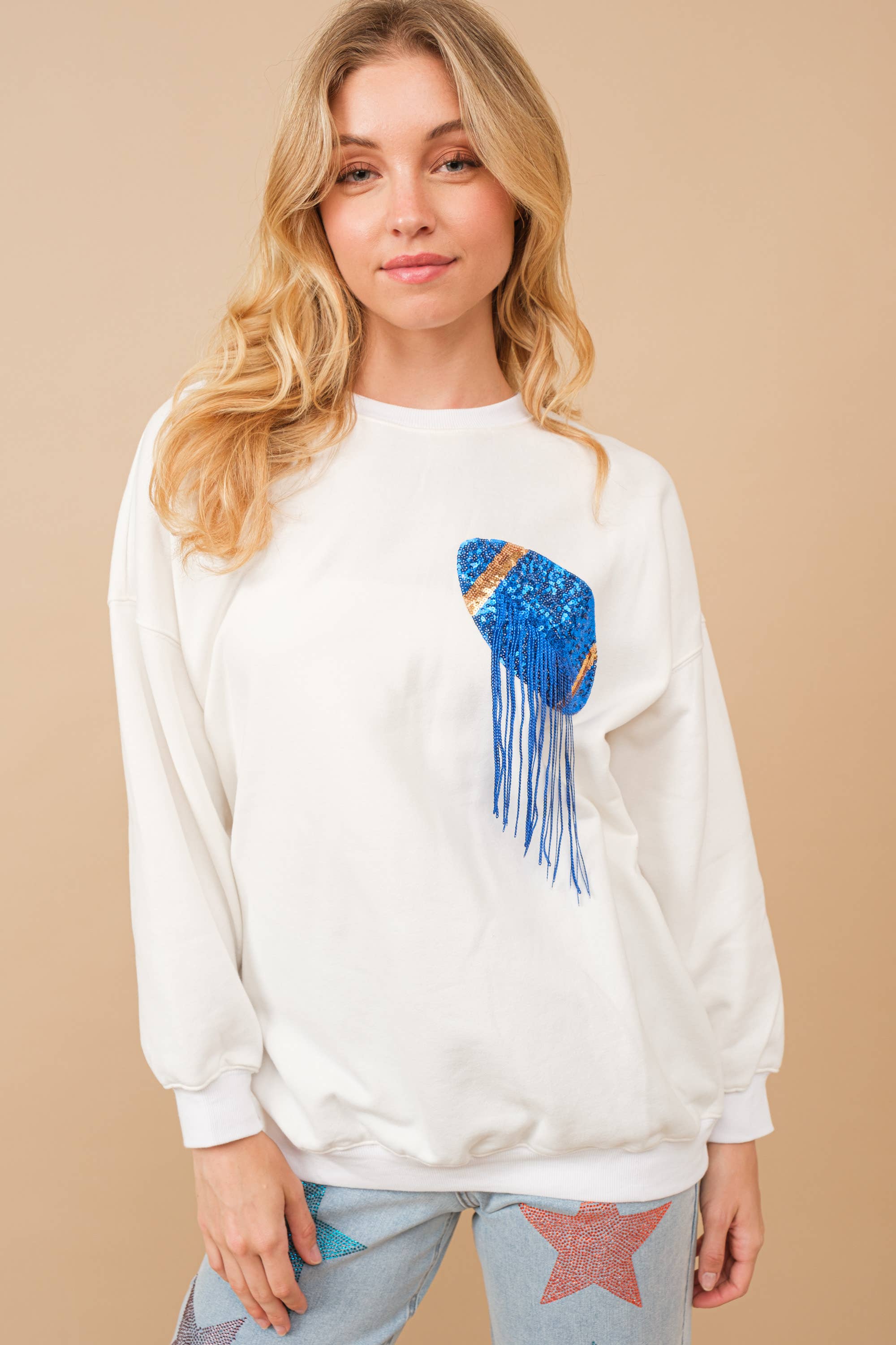 Blue B - Wholesale Sweatshirt - Women's - 34253T - Fleece Terry Football Sequin Fringe Sweatshirt2