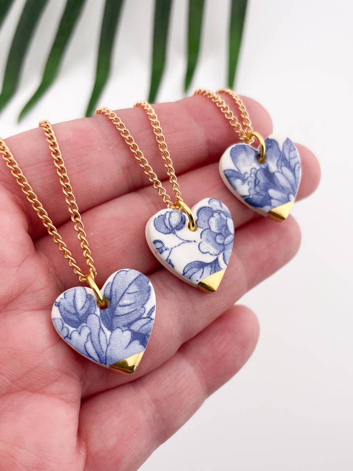 Blue China Medium Heart (middle) Pendant necklace w gold tip for wholesale by Clay Blanca
