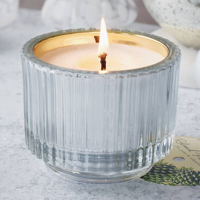 Roland Pine 6 oz Silver & Gold Single-Wick Ribbed Glass Candle for wholesale by Soap & Paper Factory