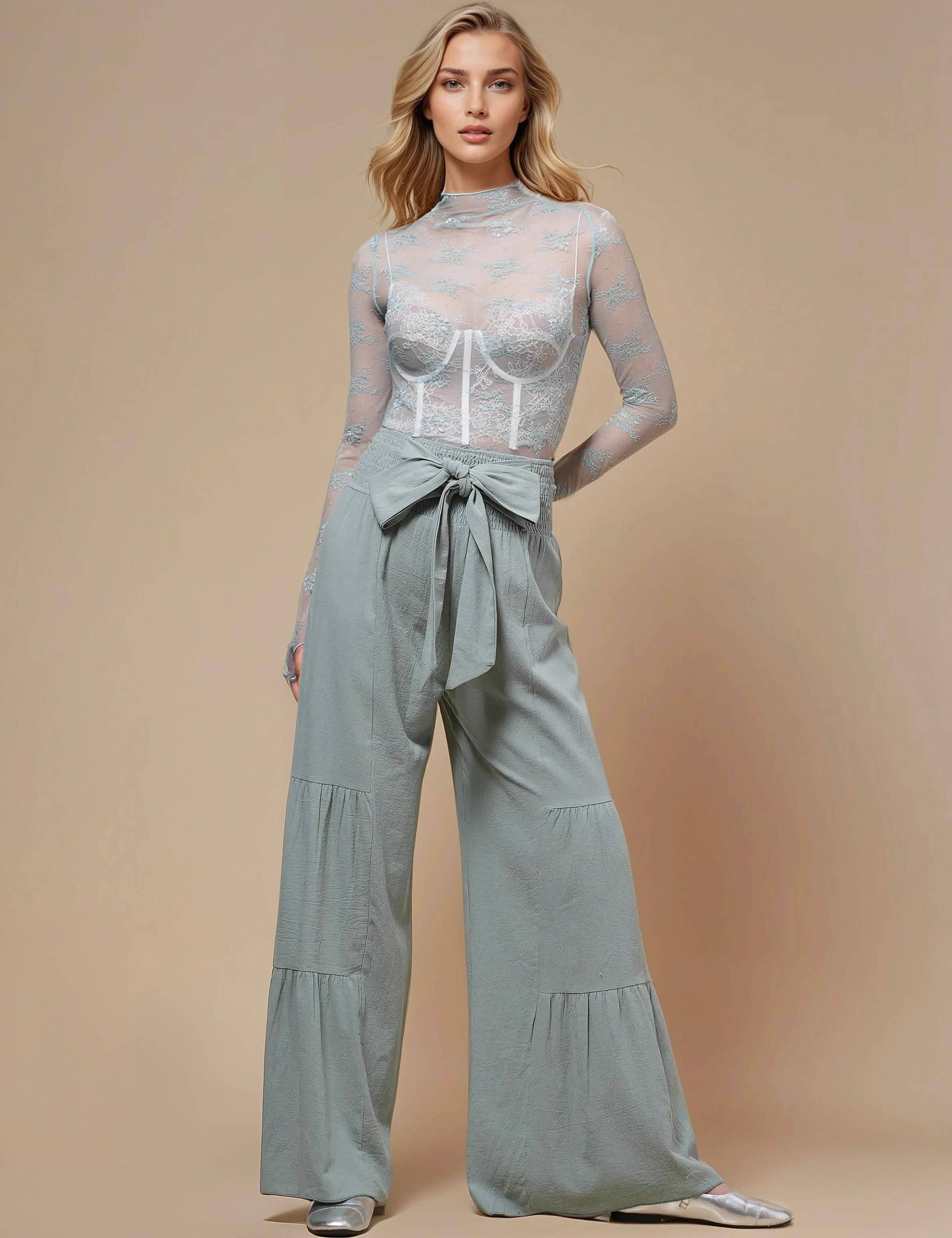 Sweetkama - Wholesale Pants – Women's - Ladies High Waist Fold Wide Leg String Tie Pants SKP5046717