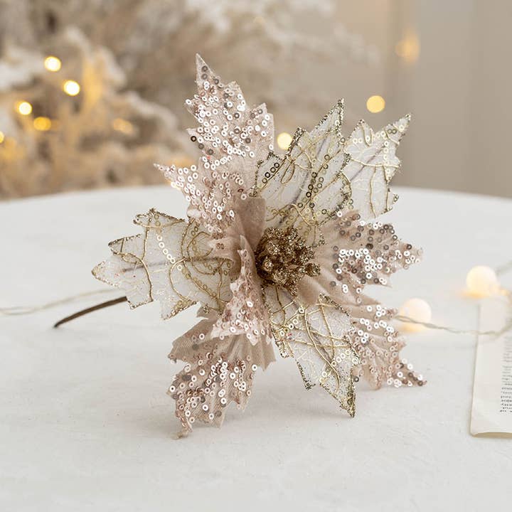Sweet Home Deco - Wholesale Christmas Decoration - 8''W Fabric Poinsettia Flower, Sparkled Christmas Poinsettia