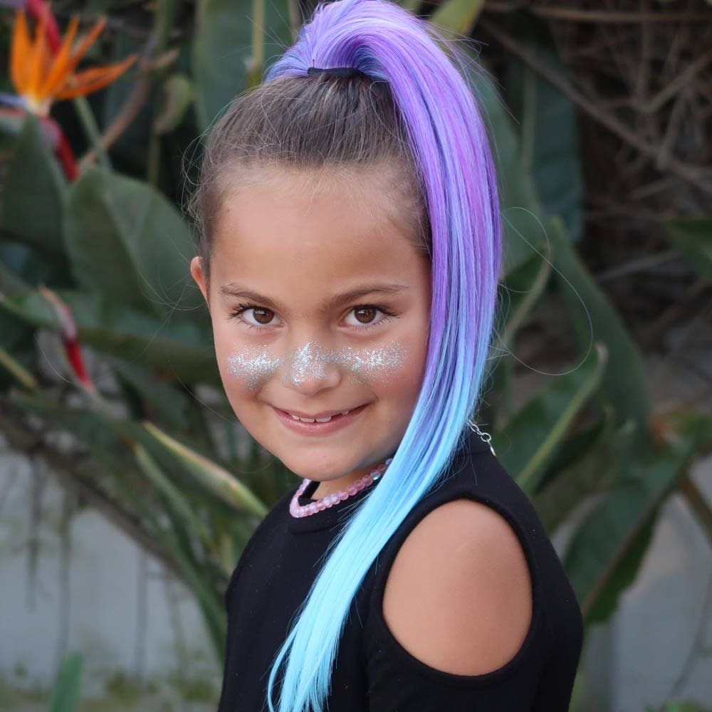 Magic Manes – Engroshandel Hårforlængelse – Jellybean lilla og Aqua lige hestehale hårforlængelse1