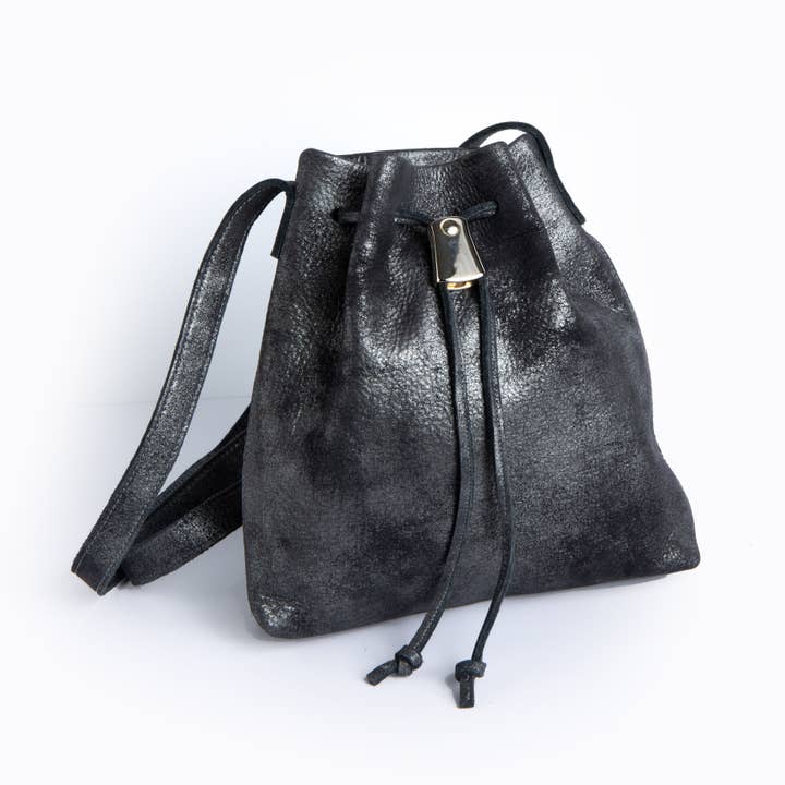 Darlene Black Metallic Leather Drawstring With Metal Closure for wholesale by Viva Bags of California