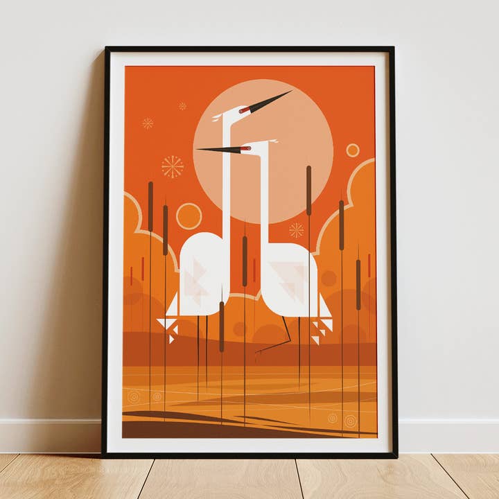 Egrets on a Lake - Retro print for wholesale by Mr Watson Design