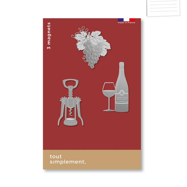 Card of 3 metal magnets - oenology Burgundy for wholesale by tout simplement