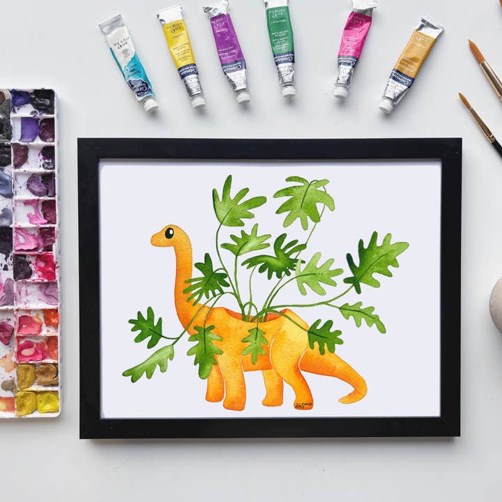 Dinosaur Plant Orange Print – Leafy Dino Artwork for wholesale by Owlfeathers Watercolor