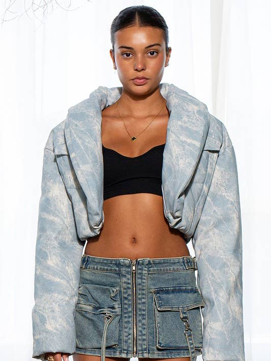 LT60790B Denim Textured Vegan Leather Puffer Jacket for wholesale by Rehab Lab