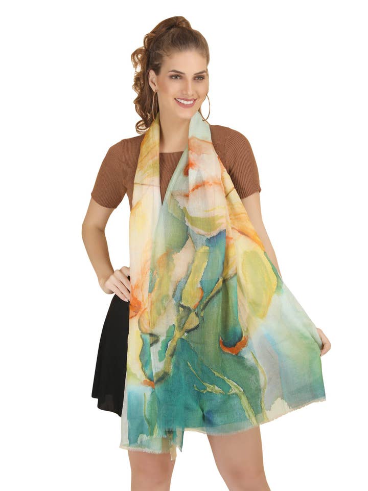 Yellow Aqua Silk Shawl for wholesale by SIDDHARTH IMPORTS