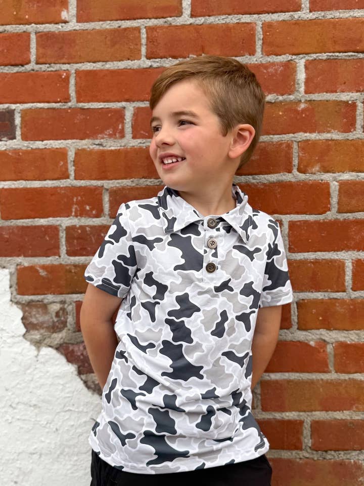 Grey Camo Polo for wholesale by Southern Hyde Co.