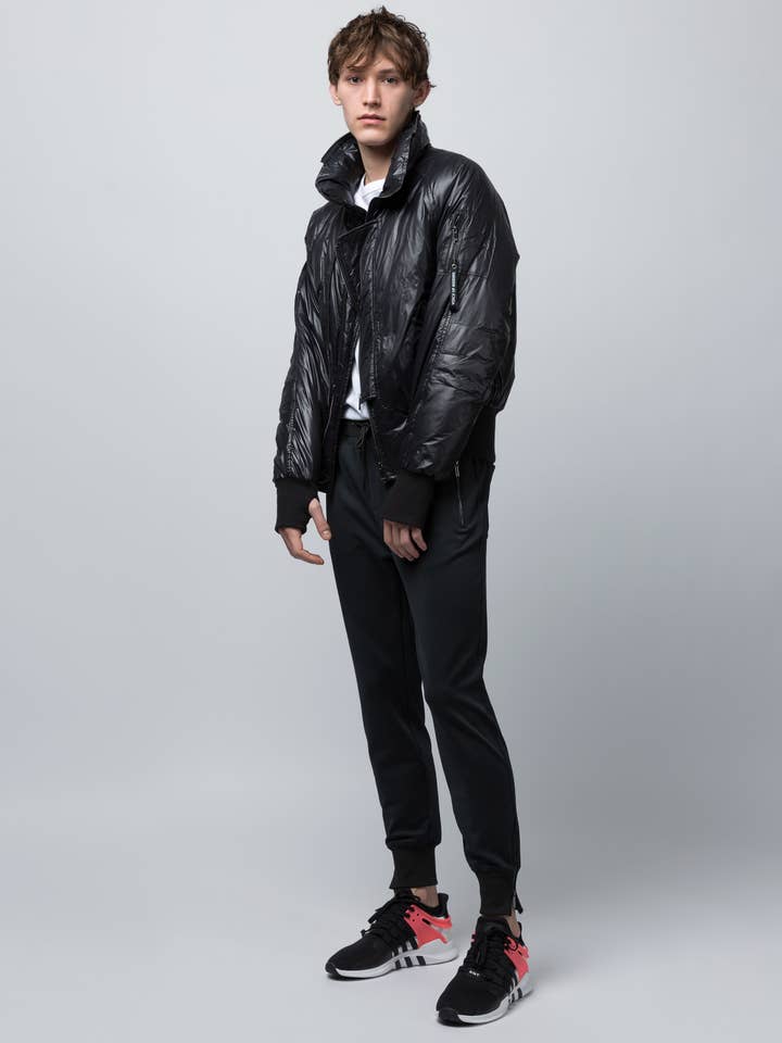 Down-Filled Detachable Hoodie Aviator Puffer Jacket on Men for wholesale by VOICE OF INSIDERS