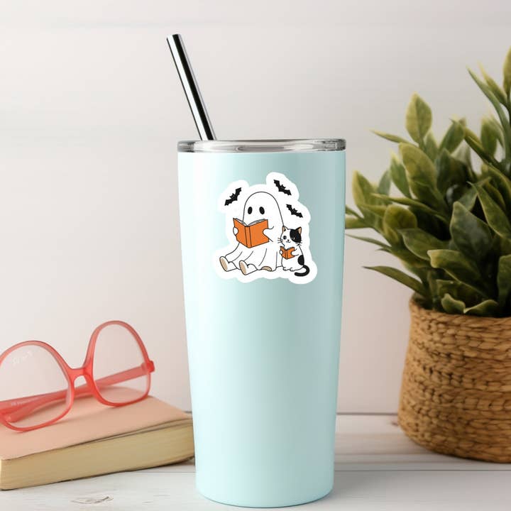 Purely Bookish - Wholesale Sticker - Cute Halloween Ghost Reading WIth Kitty Cat β 3" Waterproof Bookish Sticker with Holo Overlay β Reading, Books, Reader Gift, Book Lover2