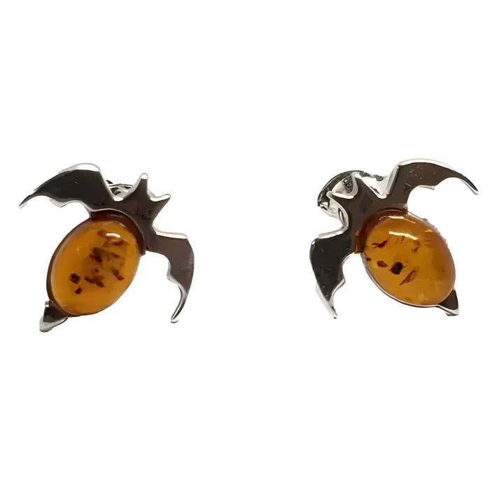 Orecchini a perno in argento Sterling con ambra color cognac a forma di pipistrello per la vendita all'ingrosso da parte di Amberman