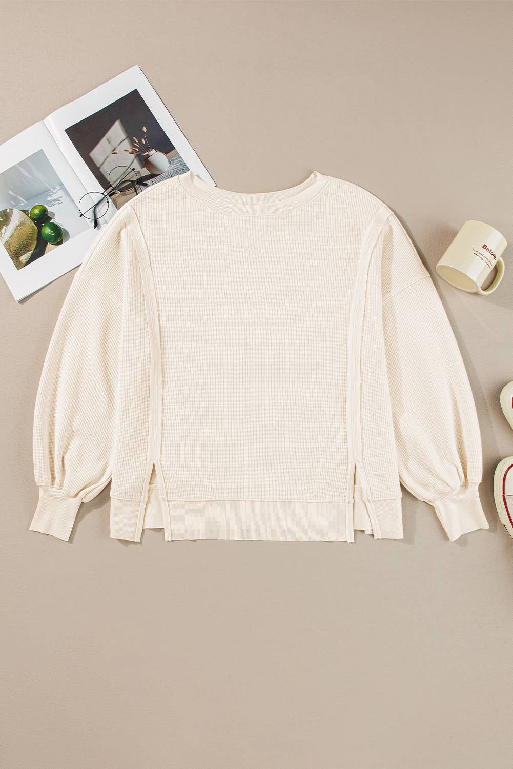 White Waffle Knit Bishop Sleeve Split Oversized Sweatshirt for wholesale on Faire0