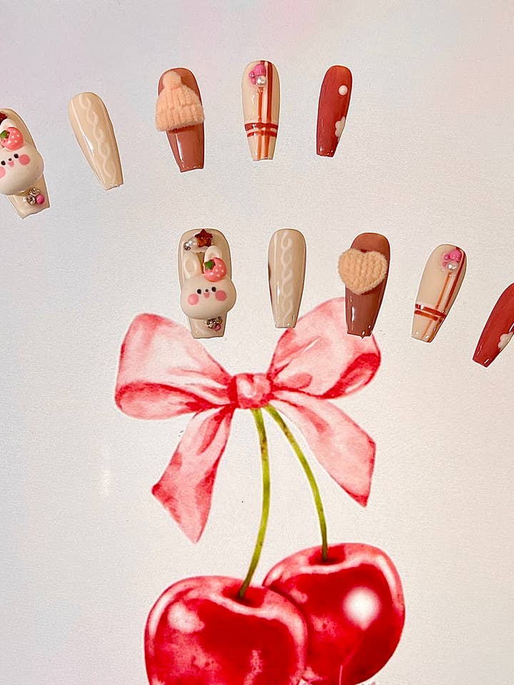 Deluxe 100% Hand Made press on nails - Bunny in Cream for wholesale by KTNN Studio Inc.